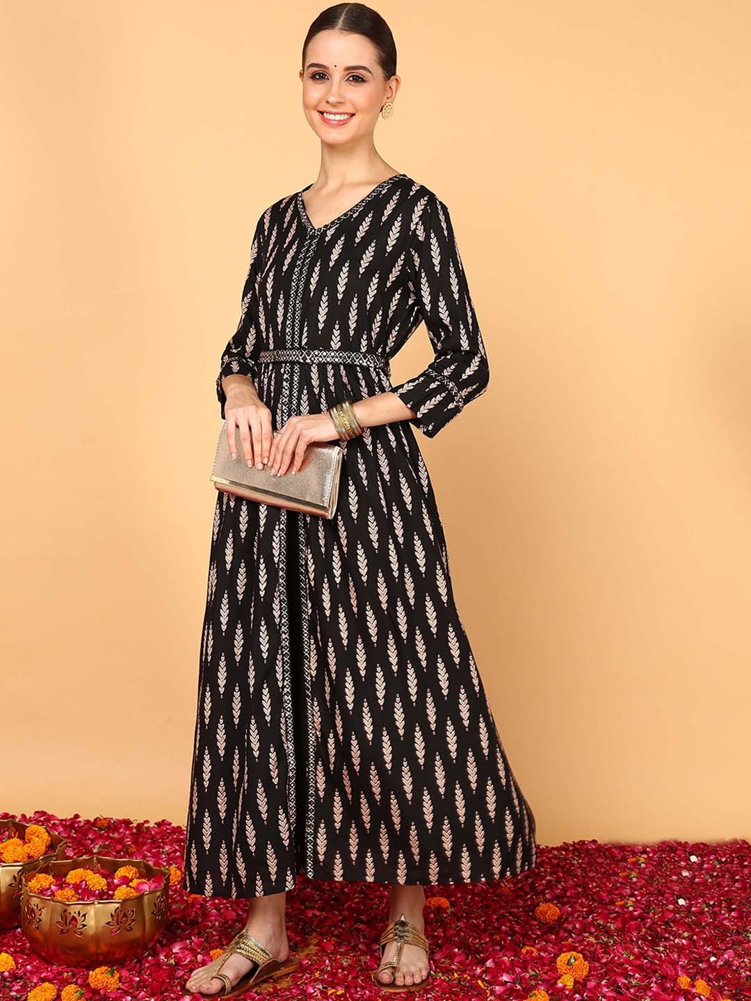 

AHIKA Ethnic Motifs Printed Mirror Work A-Line Ethnic Dress, Black