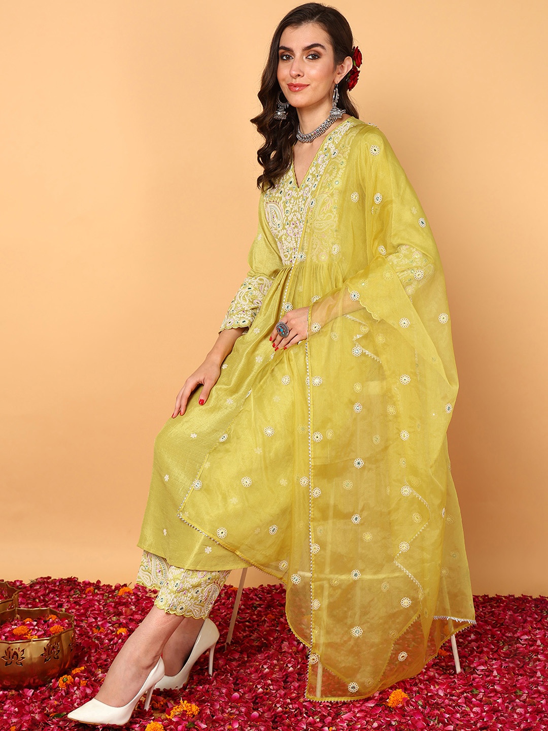

AHIKA Floral Embroidered Thread Work Pleated A-Line Kurta With Trousers & Dupatta, Yellow
