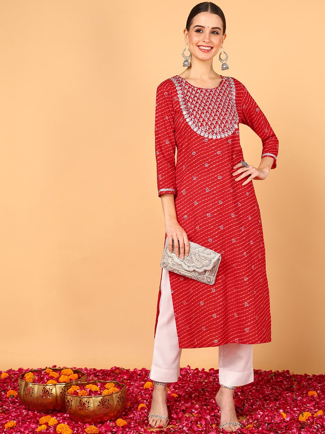 

AHIKA Leheriya Printed Round Neck Regular Thread Work Cotton Straight Kurta, Red