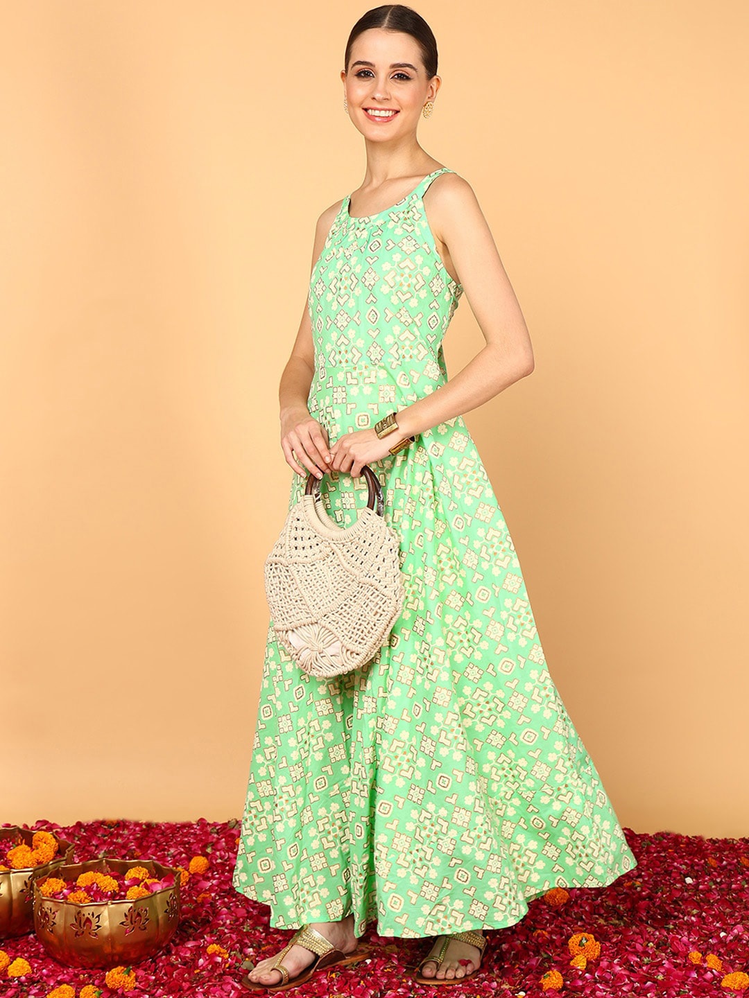 

AHIKA Geometric Printed Cotton Maxi Dress, Sea green