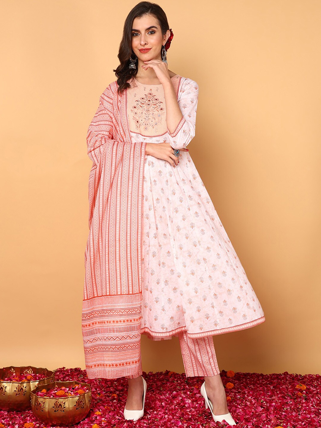 

AHIKA Floral Printed Thread Work Pure Cotton Kurta With Trousers & Dupatta, White
