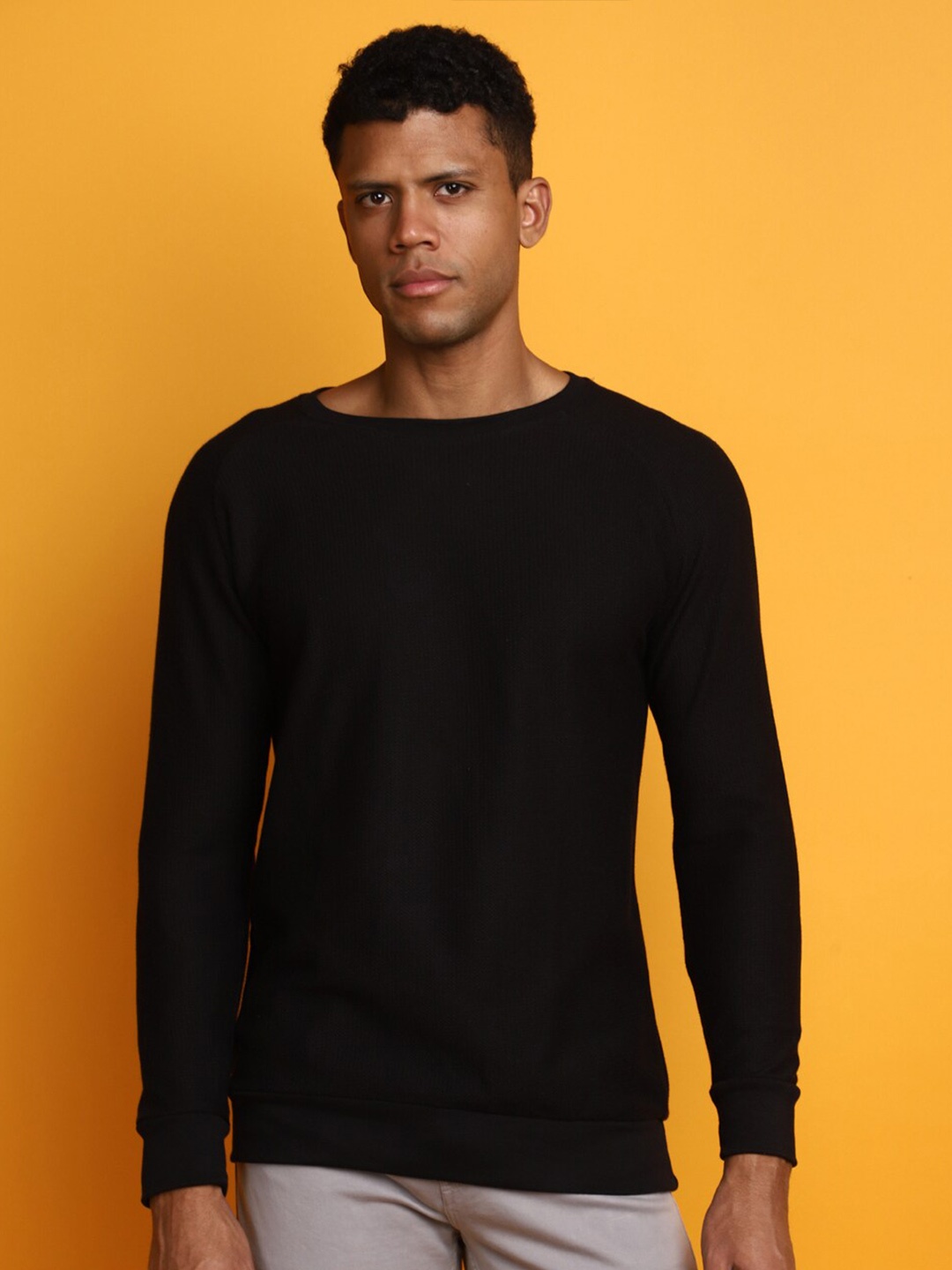 

V-Mart Round Neck Long Sleeves Cotton T-shirt, Black