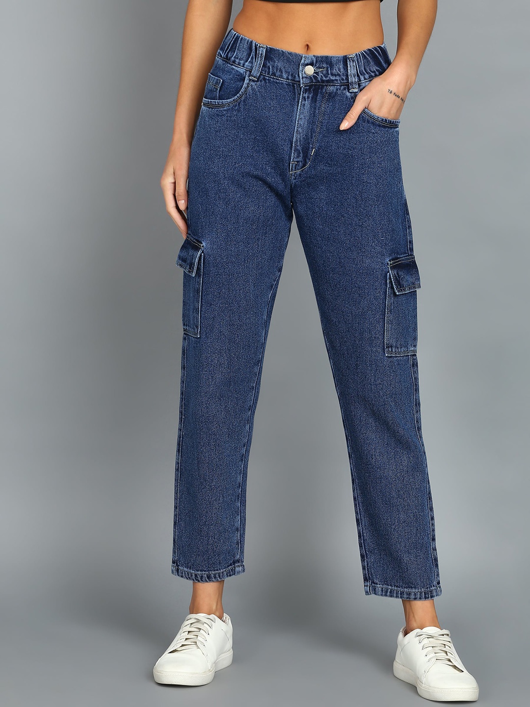 

Nifty Women Tapered Fit High-Rise Denim Cargo Jeans, Blue