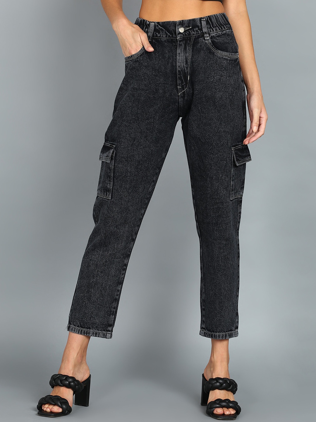 

Nifty Women Black Tapered Fit High-Rise Denim Cotton Cargo Jeans