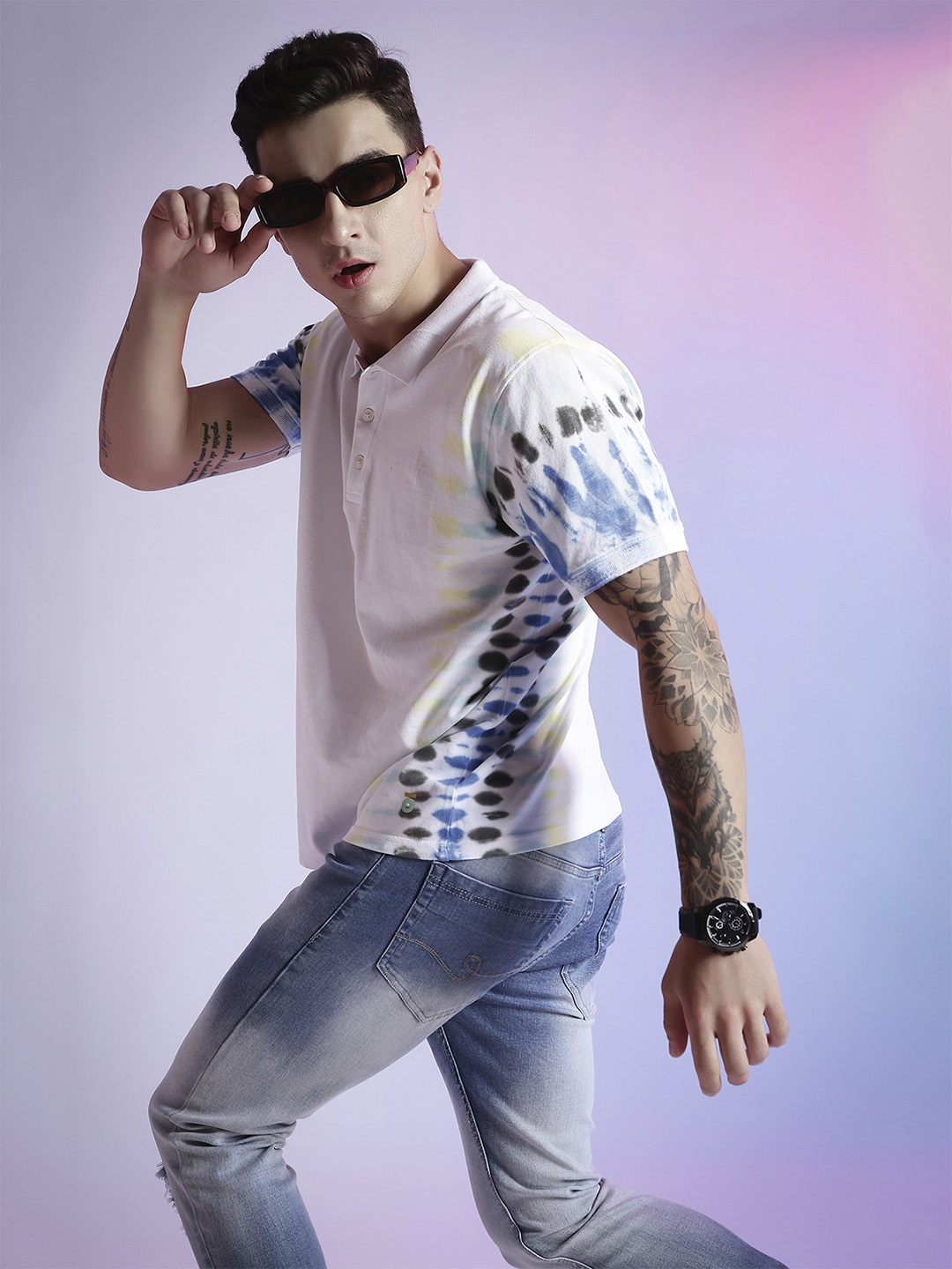 

PEPLOS Tie and Dyed Polo Collar Cotton T-shirt, White