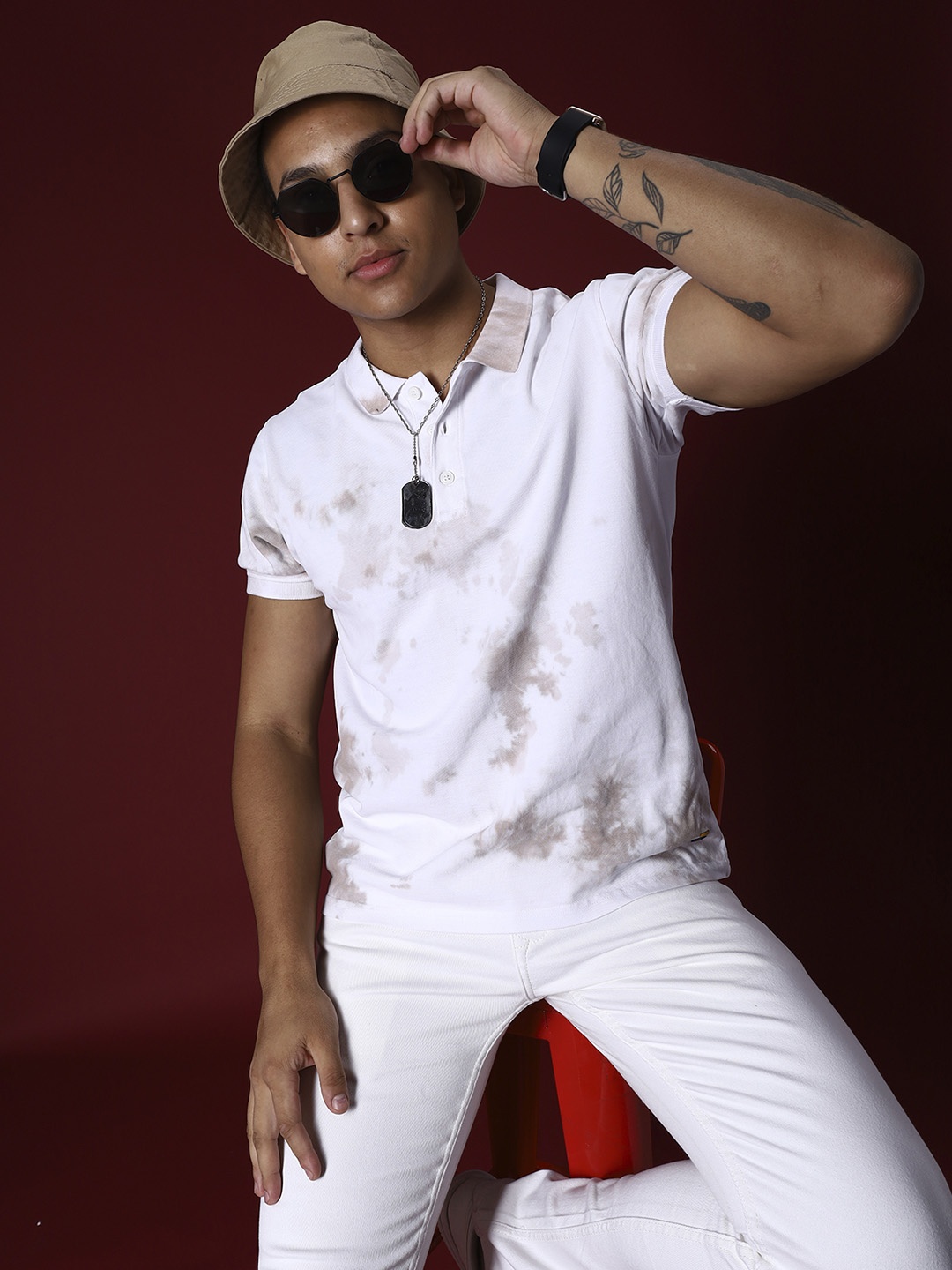 

PEPLOS Tie and Dyed Polo Collar Cotton T-shirt, White