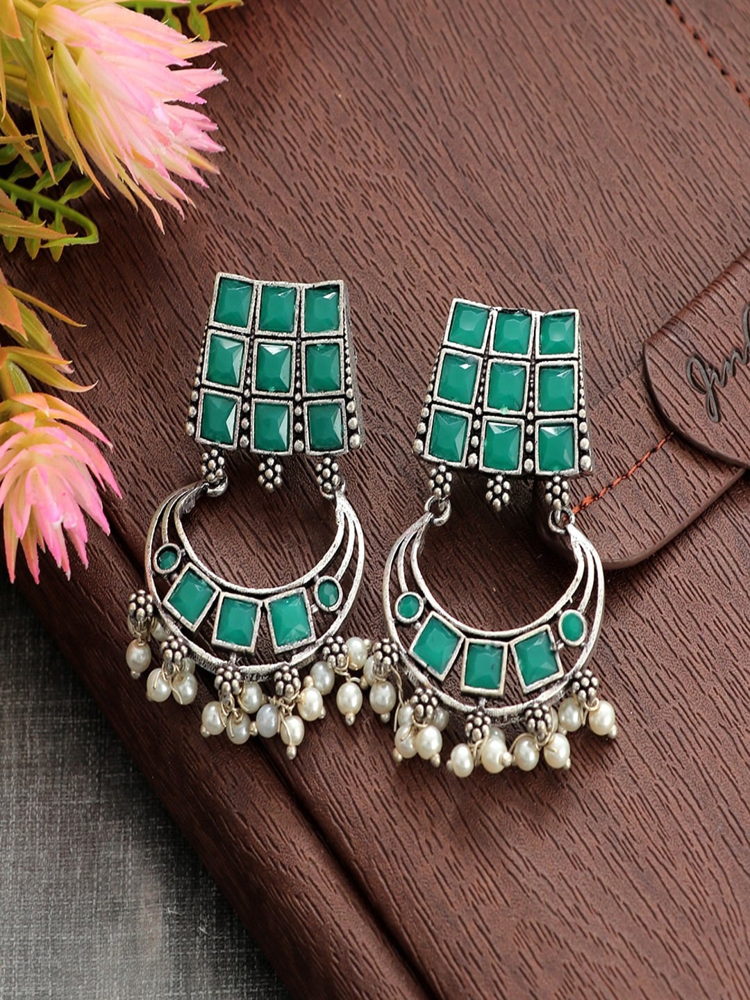 

UNIVERSITY TRENDZ Silver-Plated Stone Studded Oxidised Classic Drop Earrings, Green