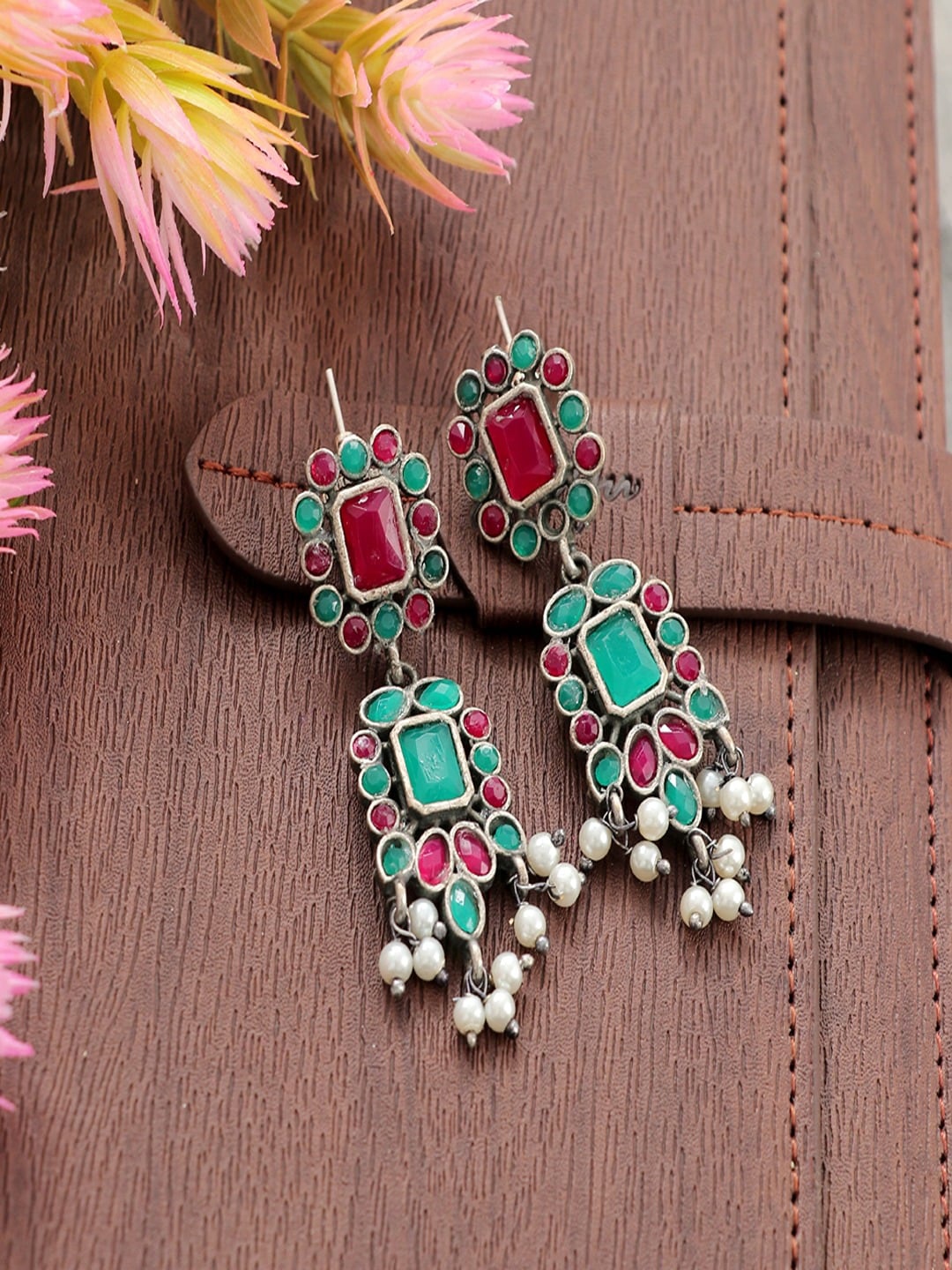 

UNIVERSITY TRENDZ Silver-Plated Stone Studded Oxidised Classic Drop Earrings, Red