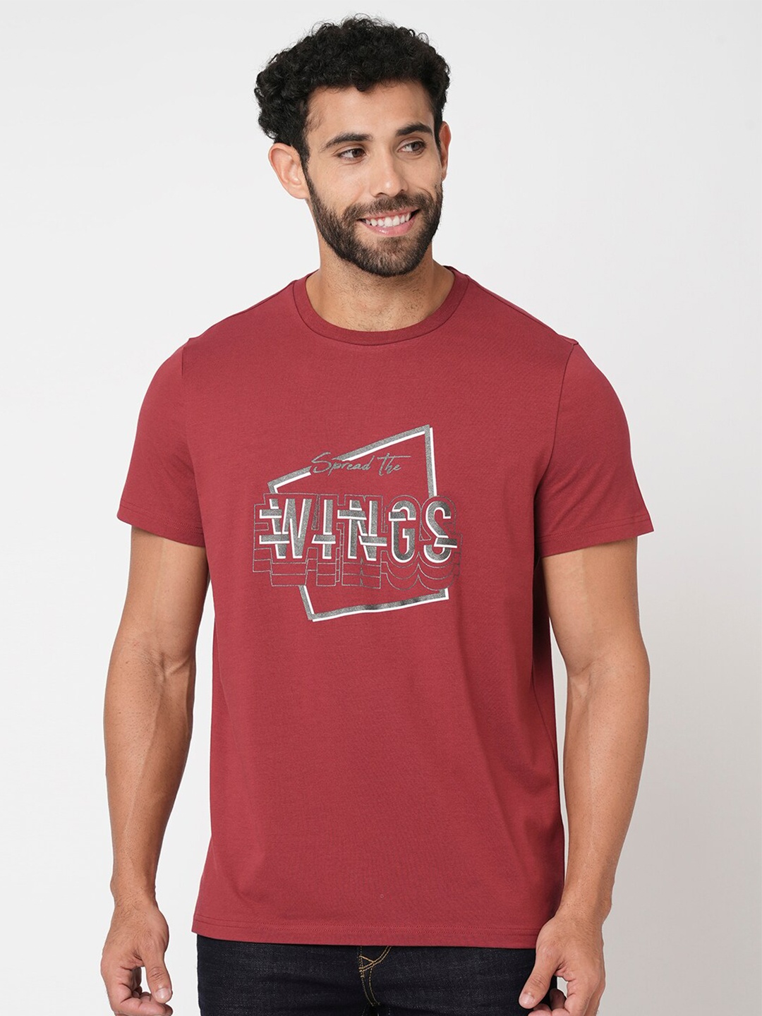 

Blue Buddha Typography Printed Round Neck Short Sleeves Cotton Regular T-shirt, Red