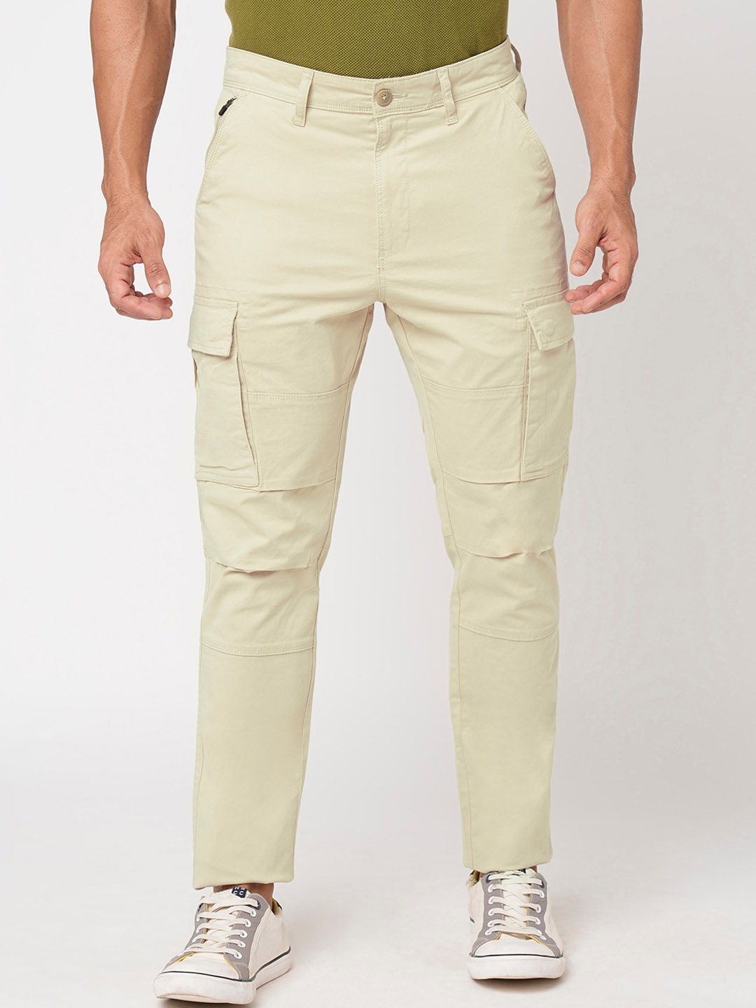 

Blue Buddha Men Mid-Rise Cotton Cargos, Cream