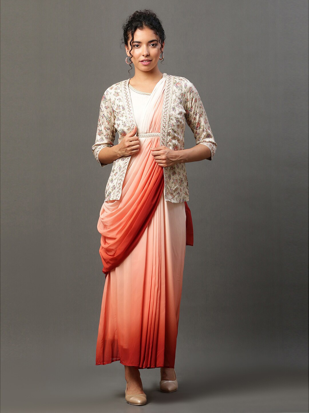 

AURELIA Tie & Dye Saree Dress With Jacket, Cream