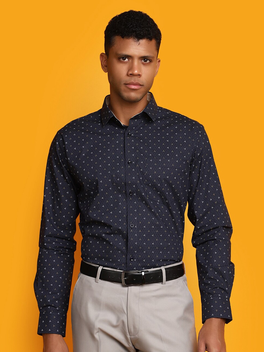 

J White by Vmart Geometric Printed Formal Cotton Shirt, Navy blue