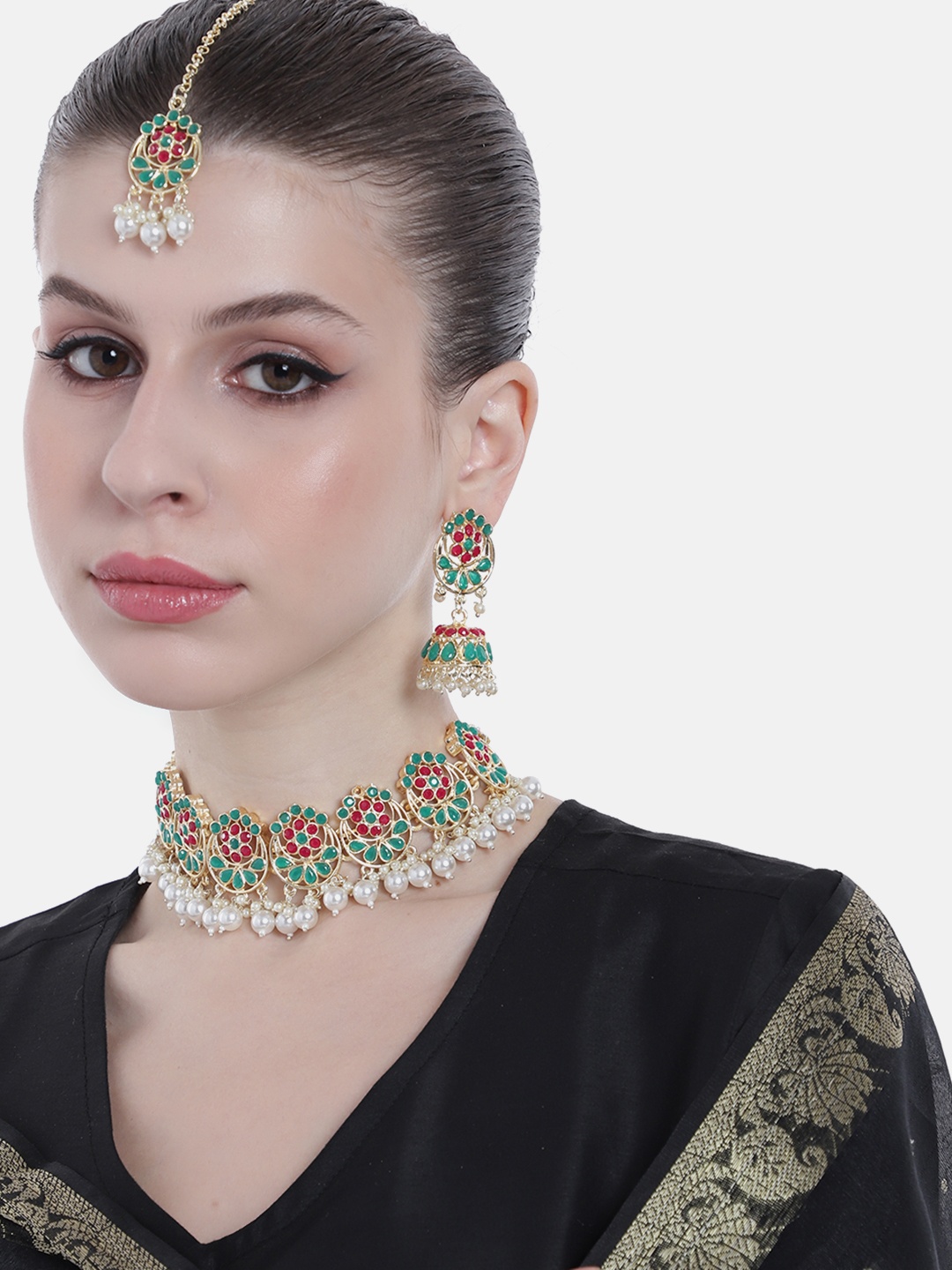 

Estele Gold-Plated Stone-Studded & Beaded Jewellery Set