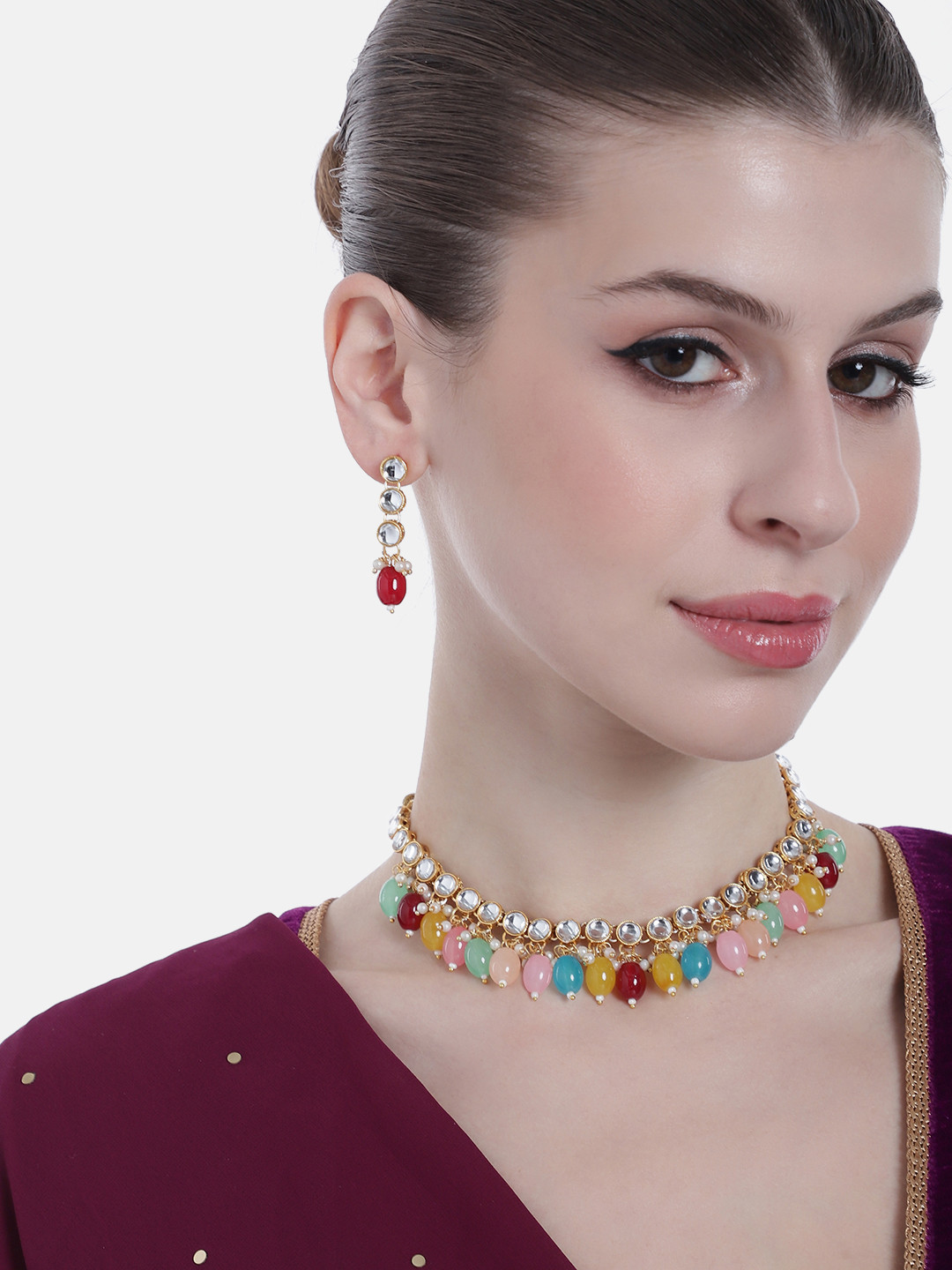 

Estele Gold-Plated Stone-Studded & Beaded Jewellery Set