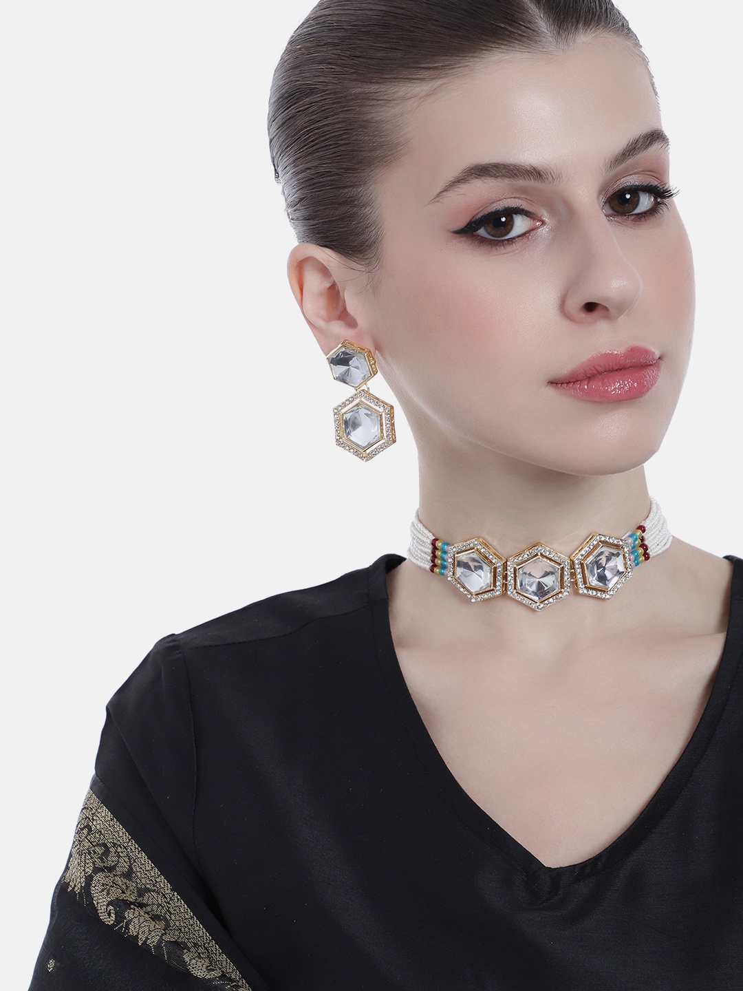 

Estele Gold-Plated Stone-Studded & Beaded Jewellery Set