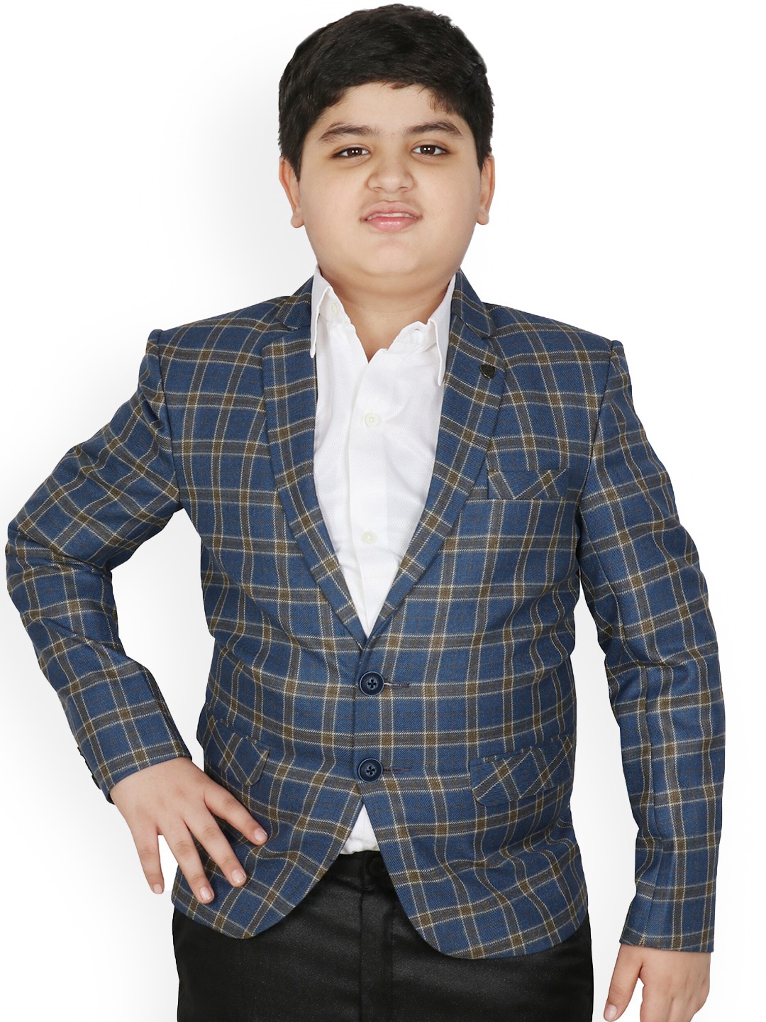 

SG YUVRAJ Boys Checked Notched Lapel Collar Single-Breasted Satin Blazer, Blue