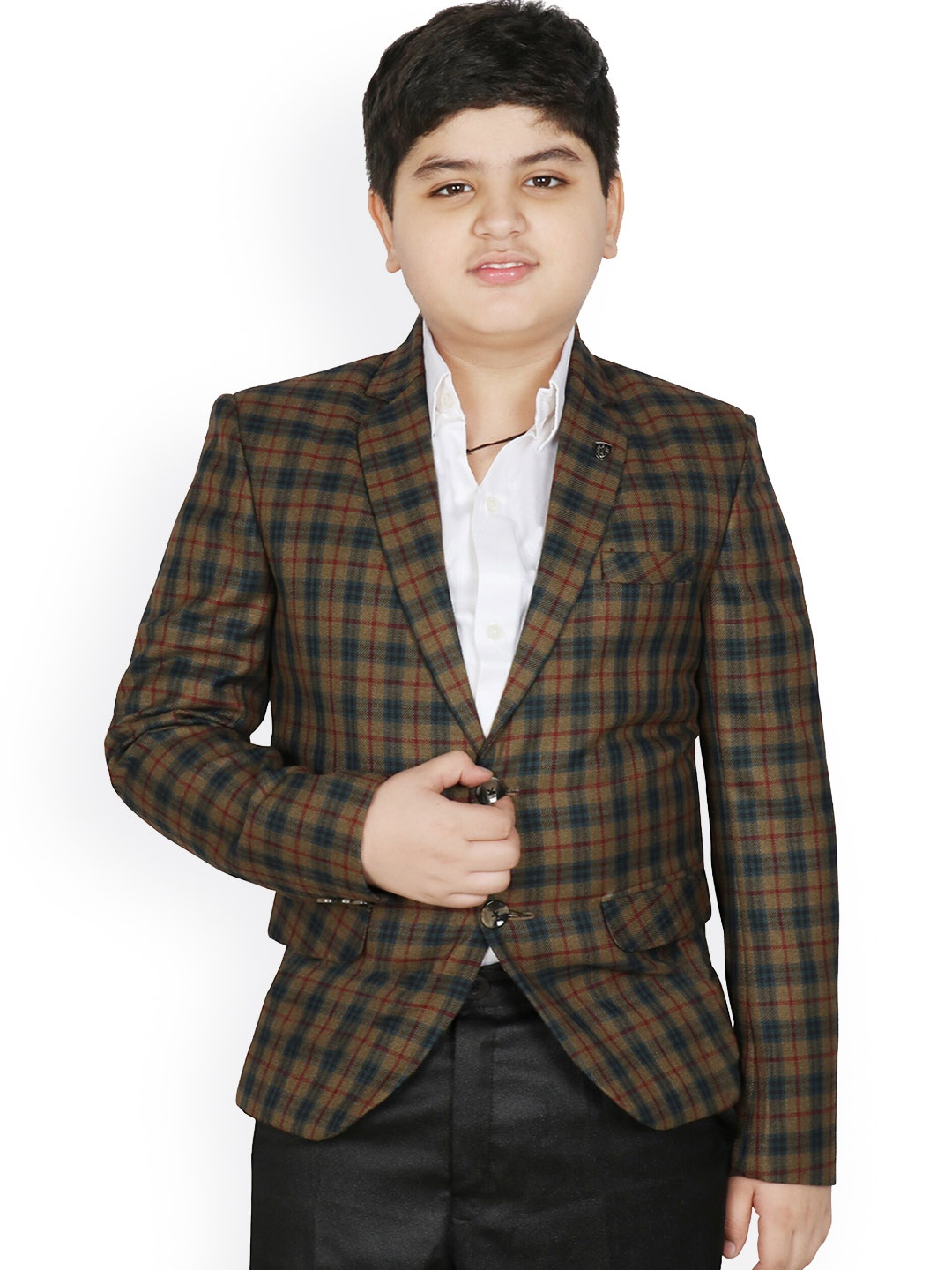 

SG YUVRAJ Boys Checked Notched Lapel Collar Single-Breasted Satin Blazer, Olive