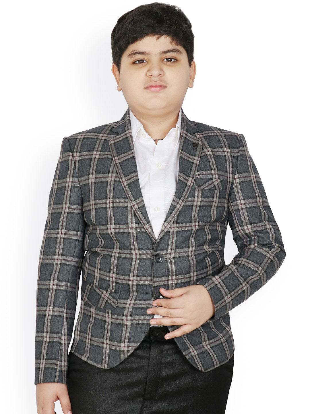 

SG YUVRAJ Boys Checked Notched Lapel Collar Single-Breasted Satin Blazer, Grey