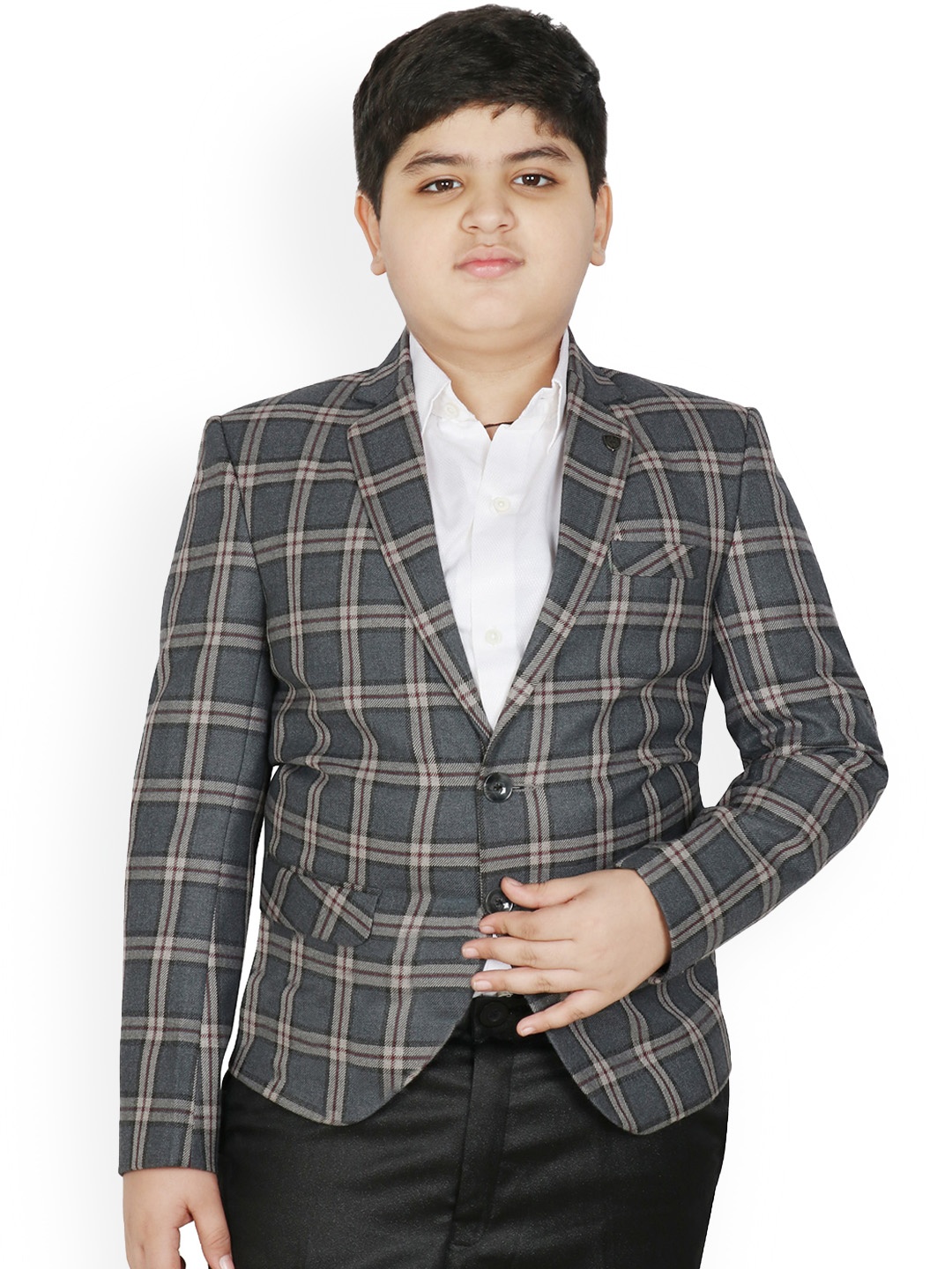 

SG YUVRAJ Boys Checked Notched Lapel Collar Single-Breasted Satin Blazer, Grey