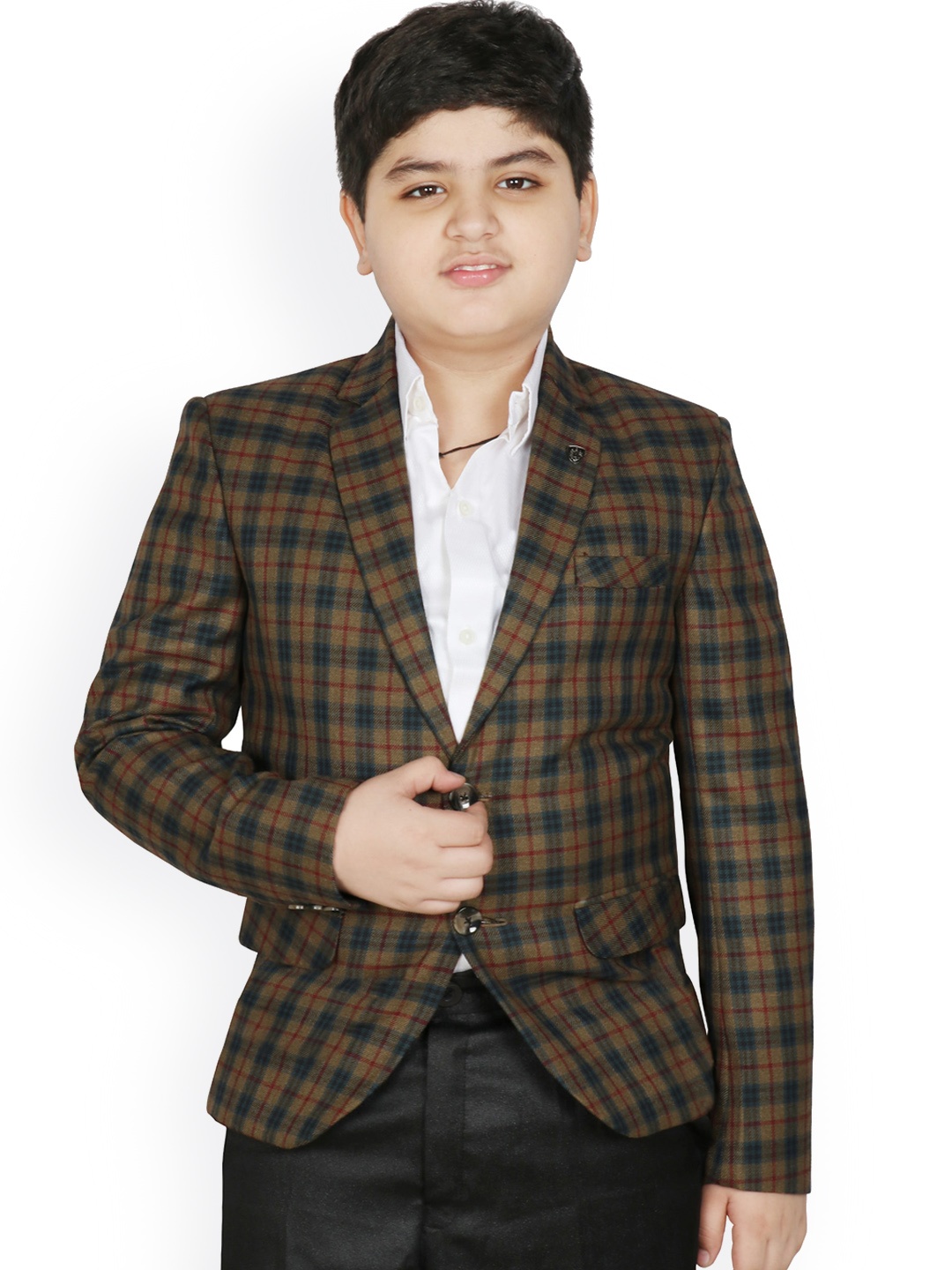 

SG YUVRAJ Boys Checked Notched Lapel Collar Single-Breasted Satin Blazer, Olive
