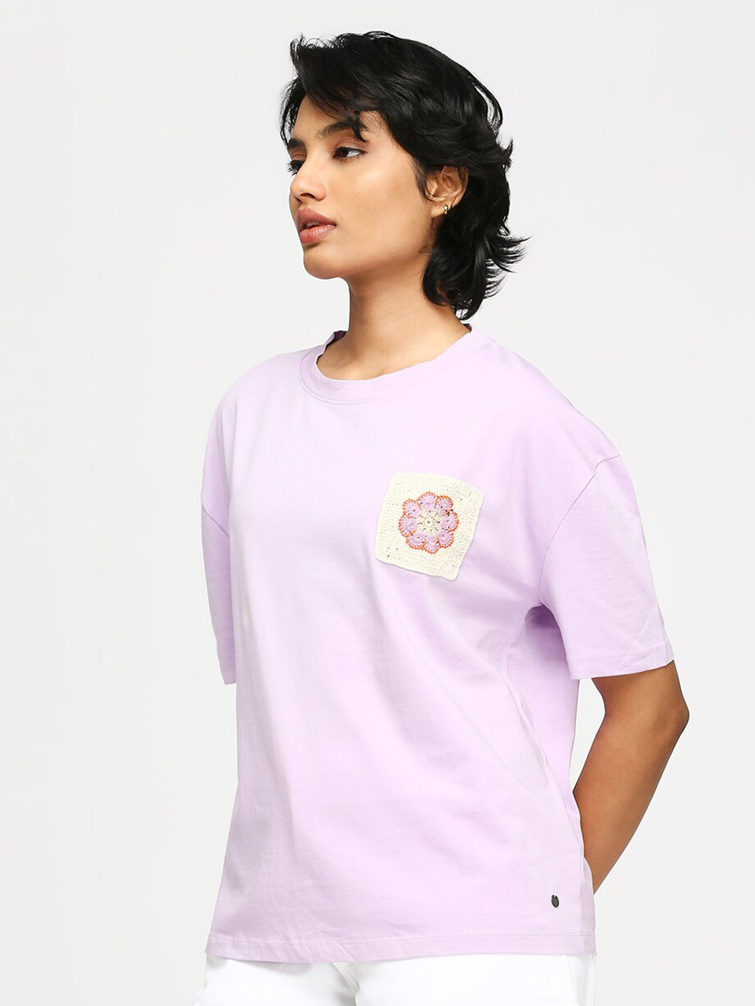 

Pepe Jeans Drop-Shoulder Sleeves Oversized Pure Cotton T-shirt, Purple