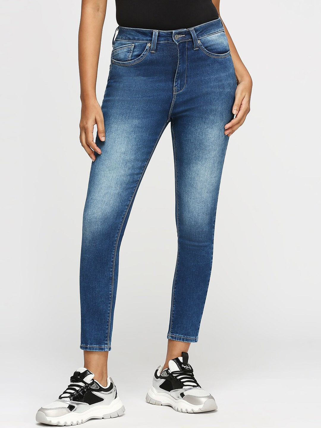 

Pepe Jeans Women Skinny Fit High-Rise Heavy Fade Stretchable Jeans, Blue