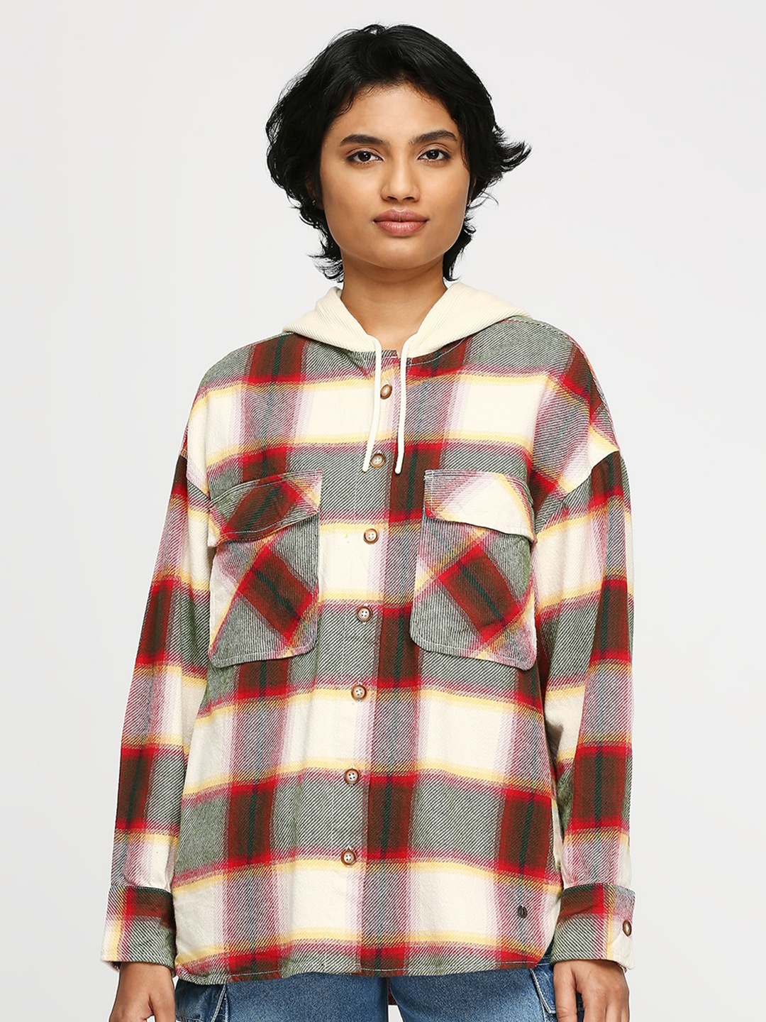 

Pepe Jeans Hooded Checked Pure Cotton Oversized Shacket, Red