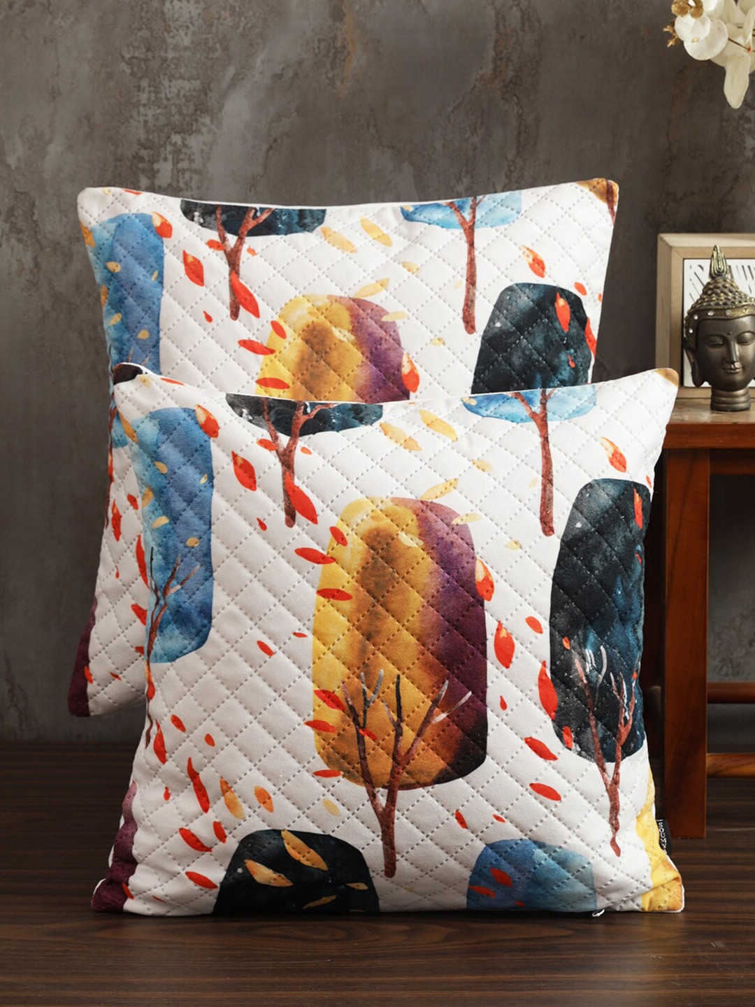 

Soumya White & Brown 2 Pieces Floral Printed Quilted Square Velvet Cushion Covers