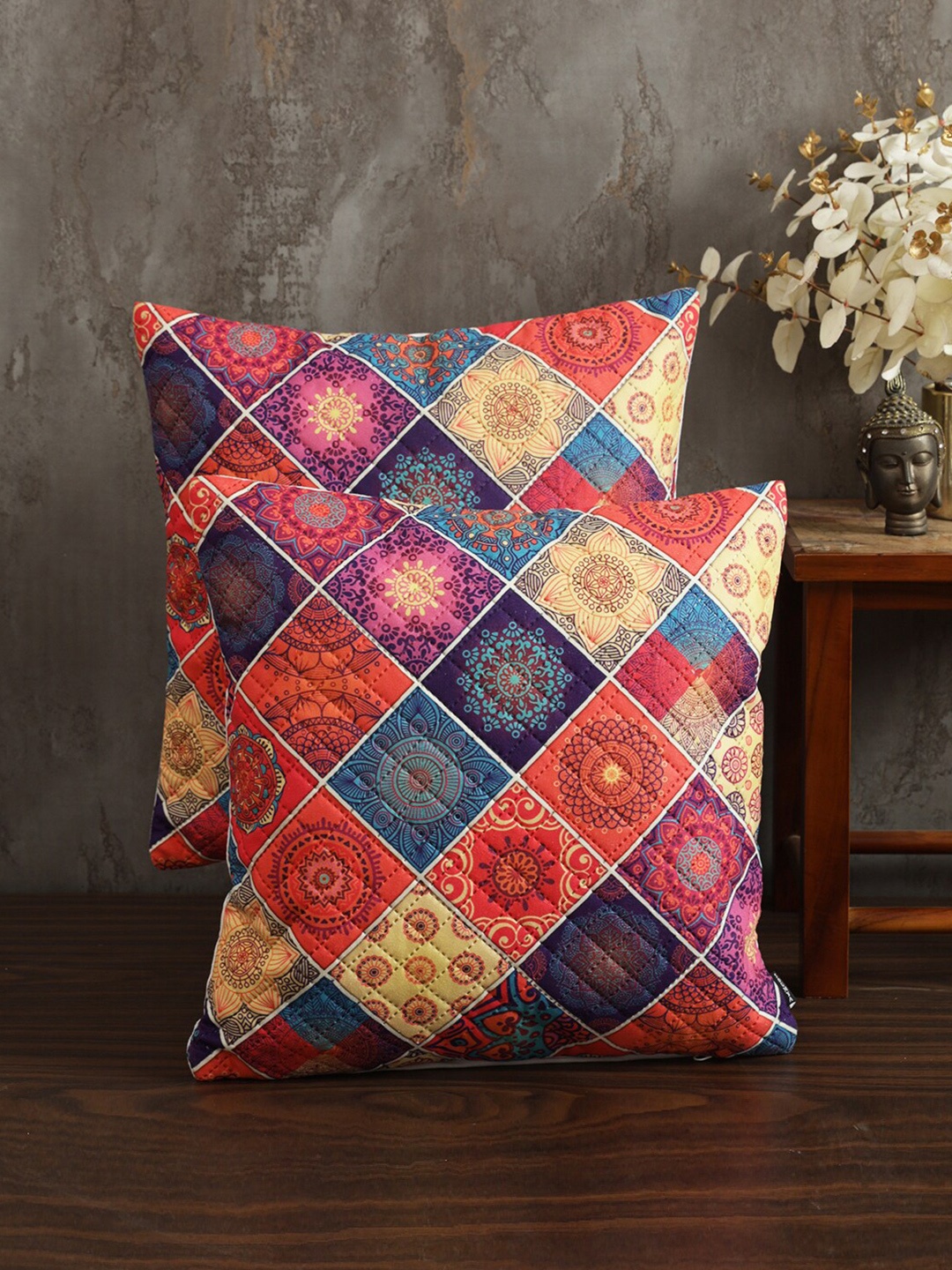 

Soumya Red & Blue 2 Pieces Ethnic Motifs Printed Quilted Square Velvet Cushion Covers, Maroon