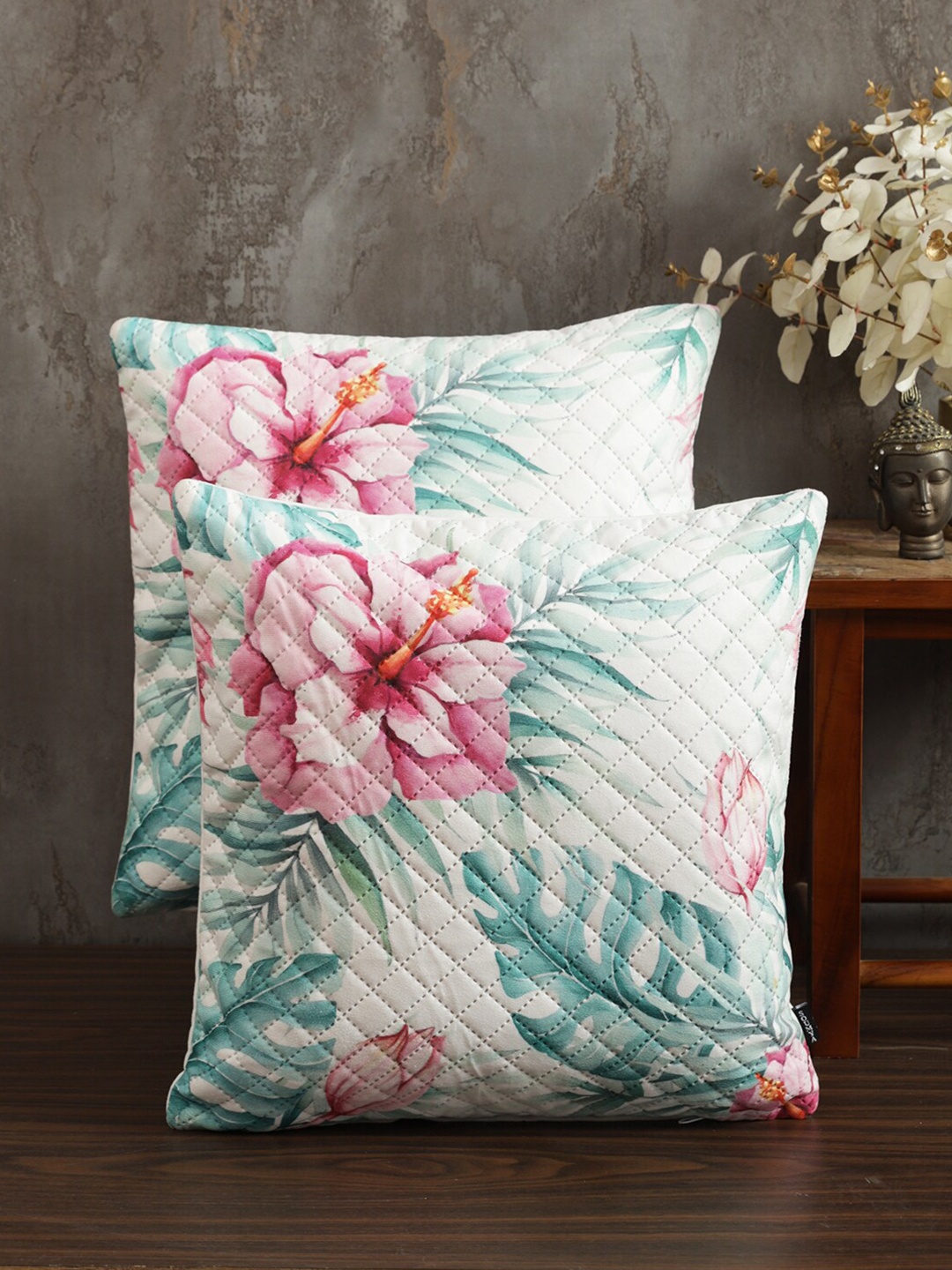 

Soumya White & Pink 2 Pieces Floral Printed Quilted Square Velvet Cushion Covers