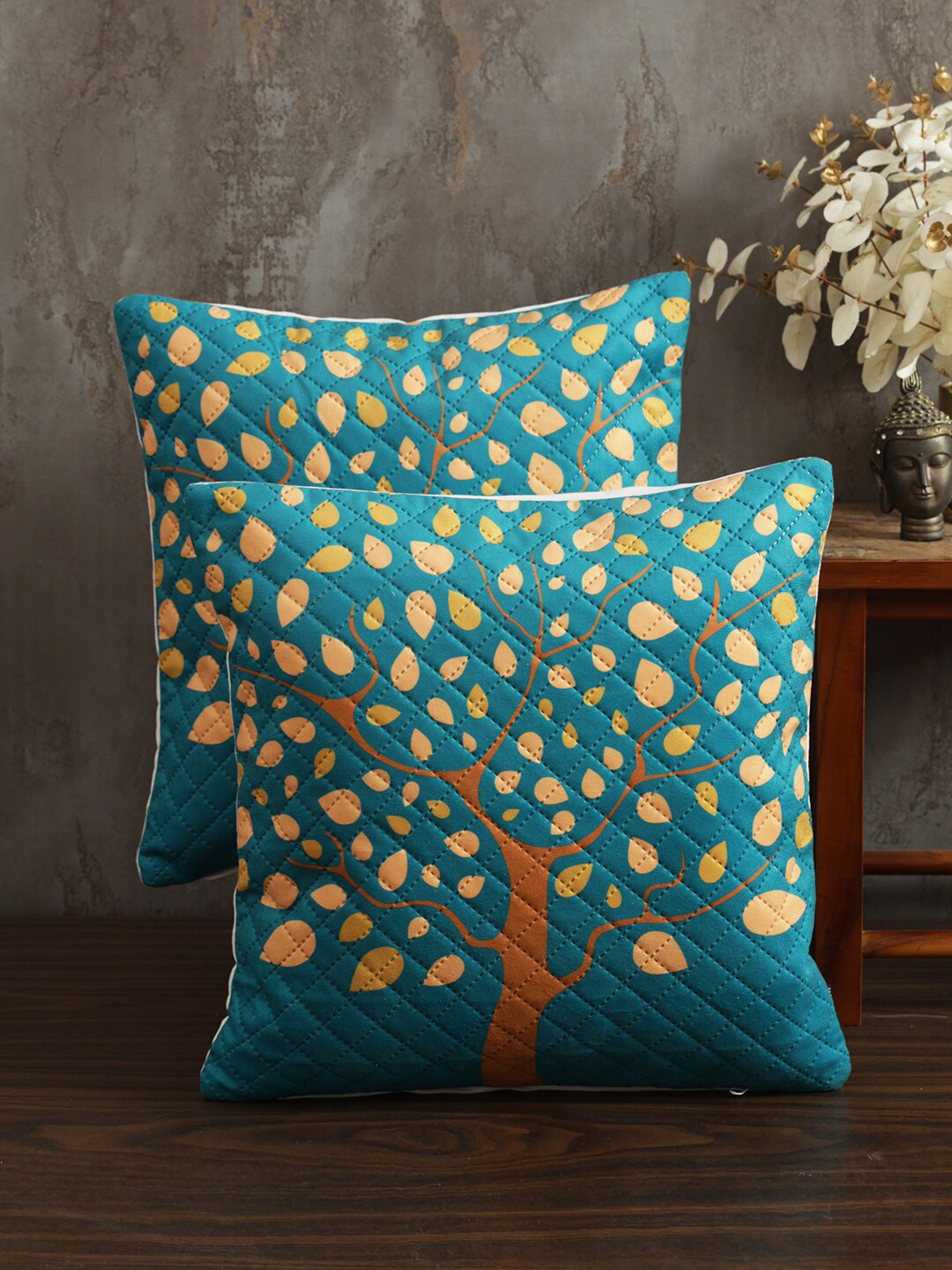 

Soumya Turquoise Blue 2 Pieces Floral Printed Quilted Square Velvet Cushion Covers