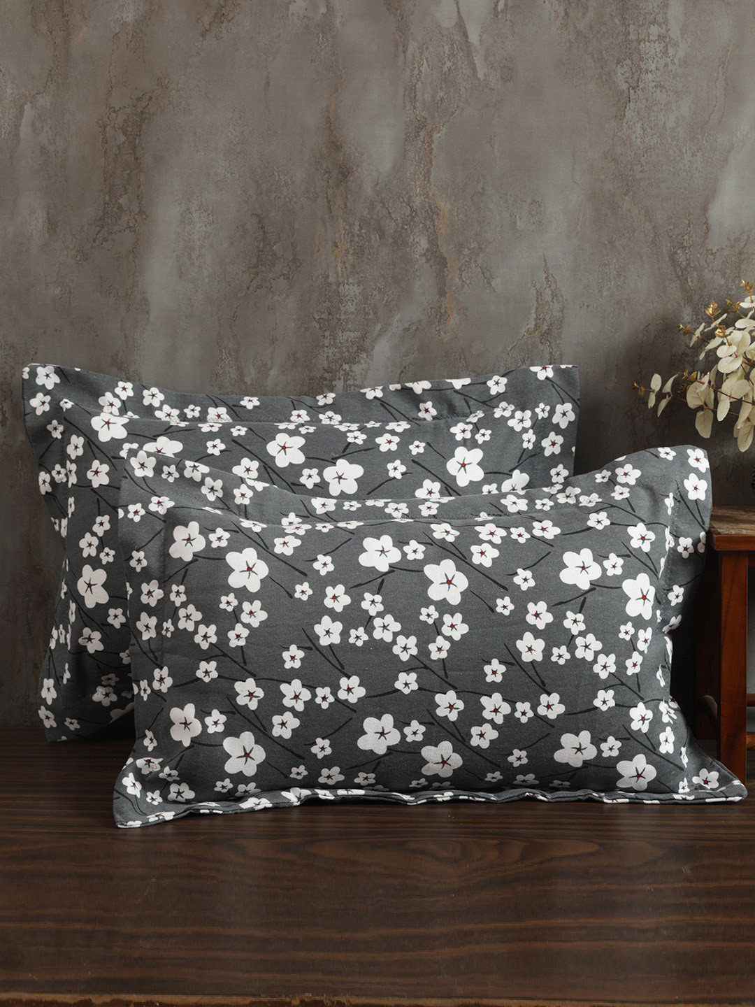 

Soumya Grey & Black 2 Pieces Floral Printed Cotton Pillow Covers