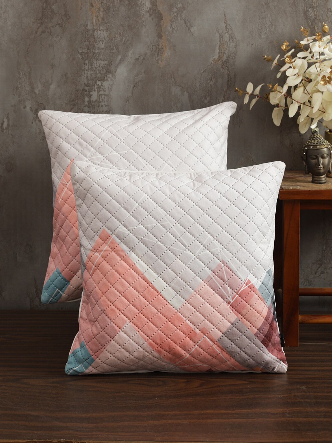 

Soumya Peach-Coloured & White 2 Pieces Printed Quilted Square Velvet Cushion Covers