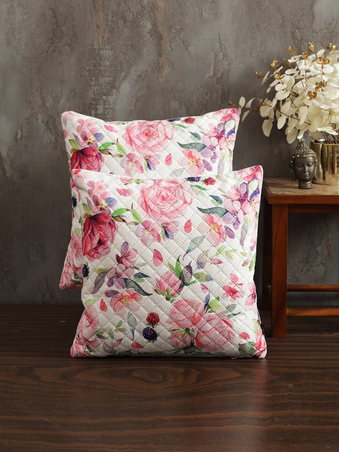 

Soumya White & Pink 2 Pieces Floral Printed Quilted Square Velvet Cushion Covers