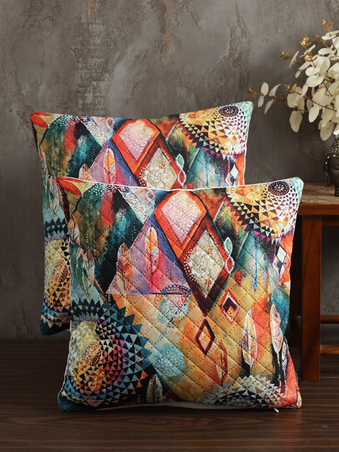 

Soumya Red & Blue 2 Pieces Geometric Printed Quilted Square Velvet Cushion Covers, Green