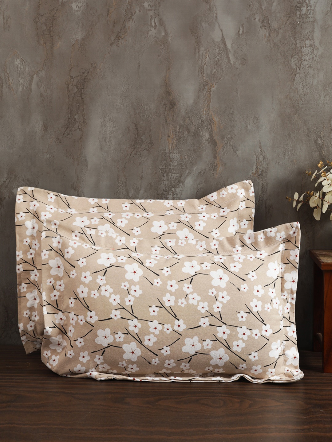 

Soumya Beige & White 2 Pieces Floral Printed Cotton Pillow Covers