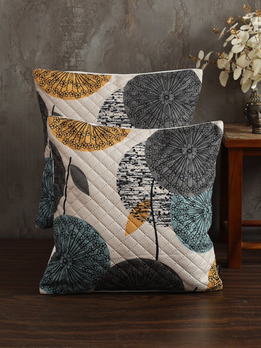 

Soumya Beige & Grey 2 Pieces Floral Printed Quilted Square Velvet Cushion Covers