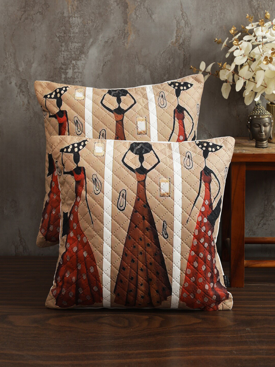 

Soumya Brown & Black 2 Pieces Ethnic Motifs Printed Quilted Square Velvet Cushion Covers