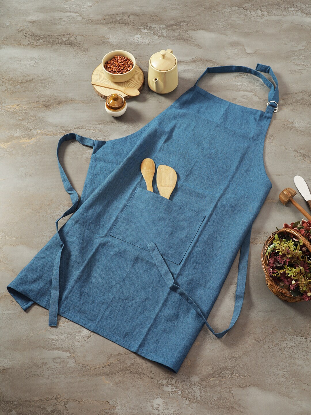 

Soumya Blue Solid Cotton Kitchen Apron with Front Pocket