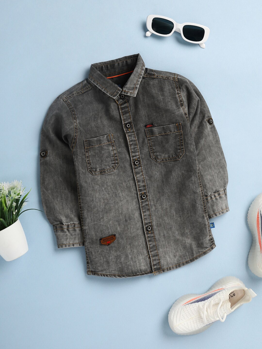 

V-Mart Boys Spread Collar Denim Casual Shirt, Grey