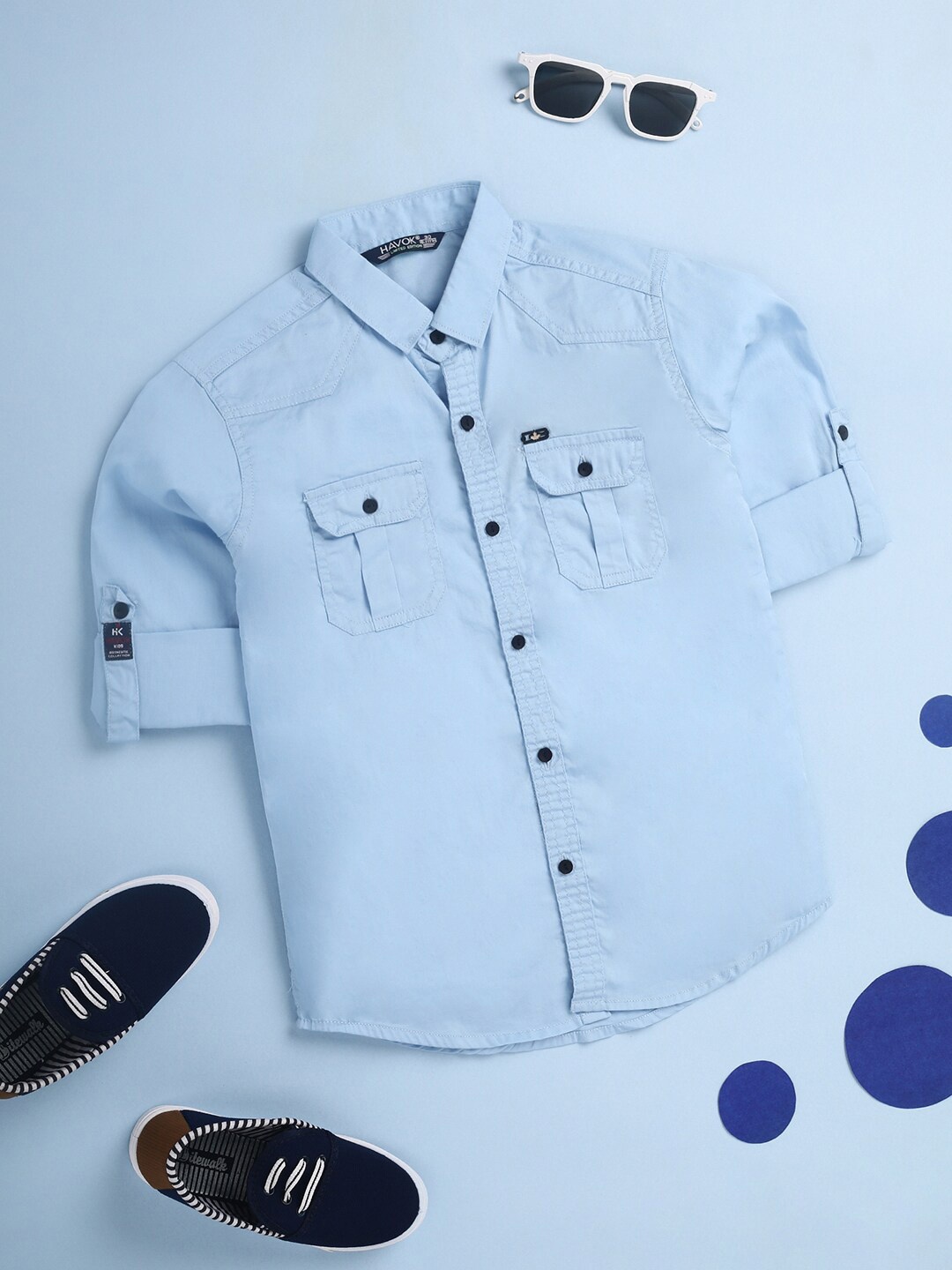 

V-Mart Boys Roll-Up Sleeves Twill Weave Cotton Casual Shirt, Blue