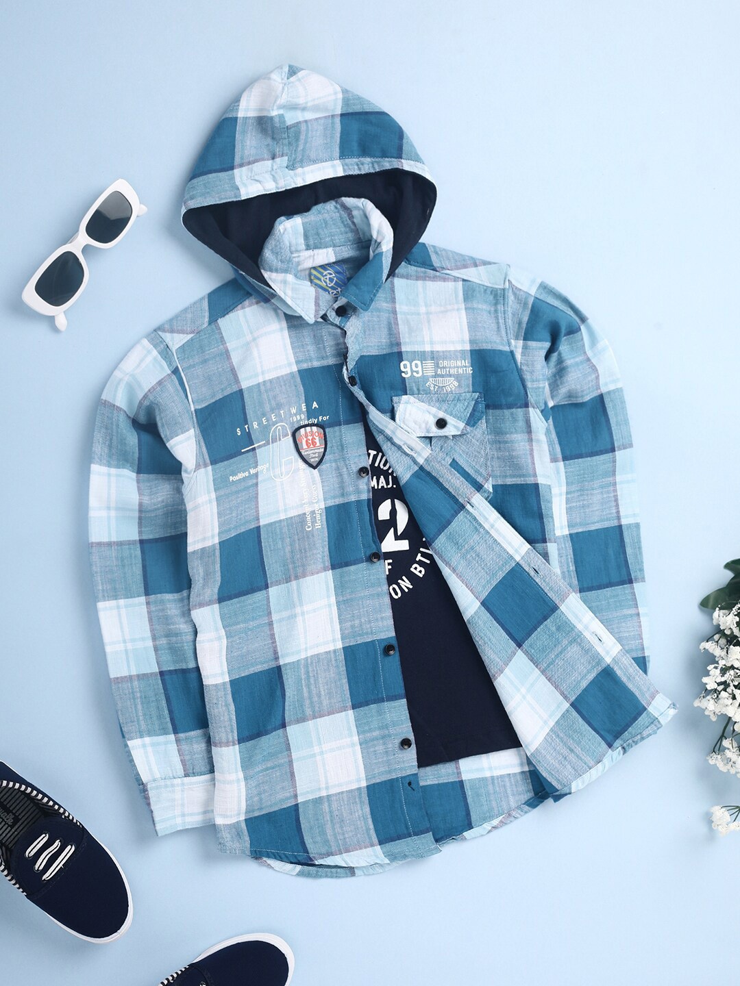 

V-Mart Boys Buffalo Checked Hooded Casual Twill Cotton Shirt, Blue