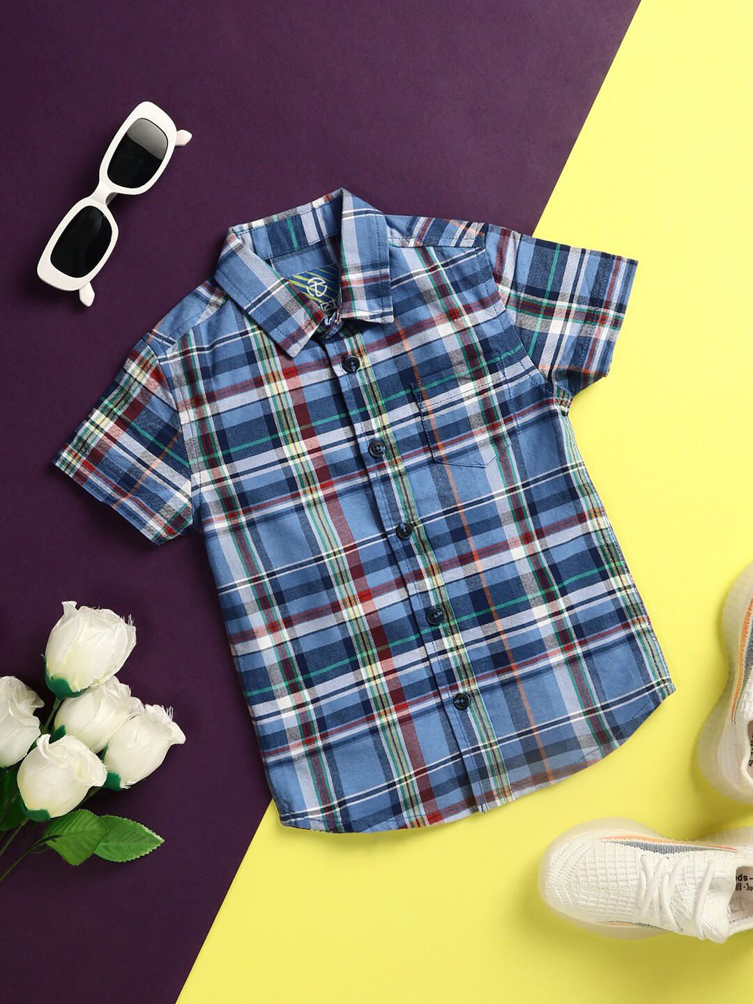 

V-Mart Boys Checked Spread Collar Short Sleeves Twill Cotton Casual Shirt, Blue