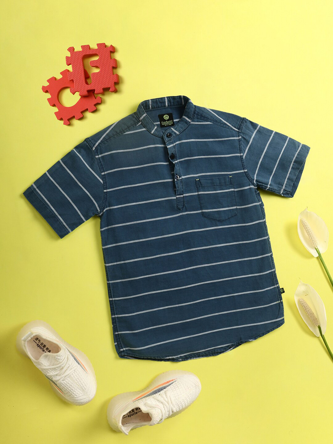 

V-Mart Boys Striped Mandarin Collar Half Placket Twill Cotton Casual Shirt, Blue