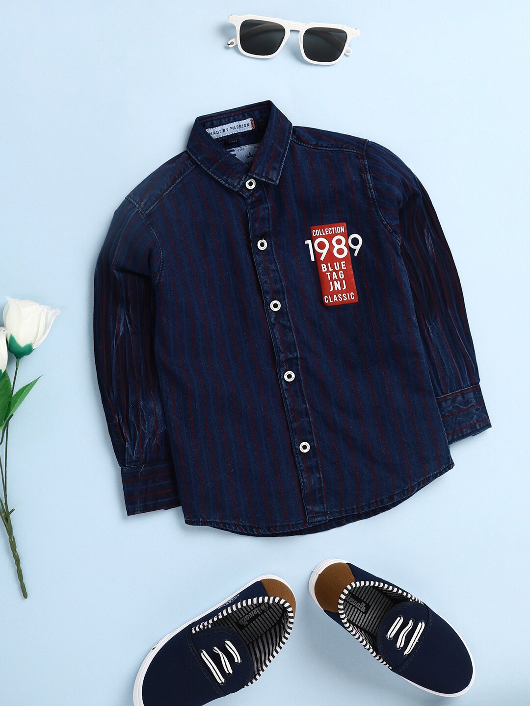 

V-Mart Boys Vertical Striped Casual Twill Cotton Shirt, Navy blue