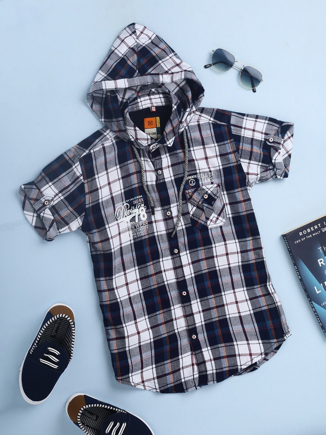 

V-Mart Boys Tartan Checked Hooded Twill Weave Cotton Casual Shirt, Navy blue