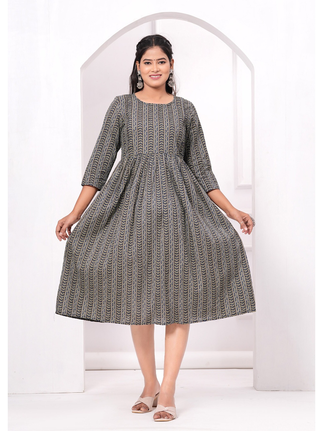 

BAESD Geometric Printed Gathered Fit & Flare Ethnic Dress, Grey