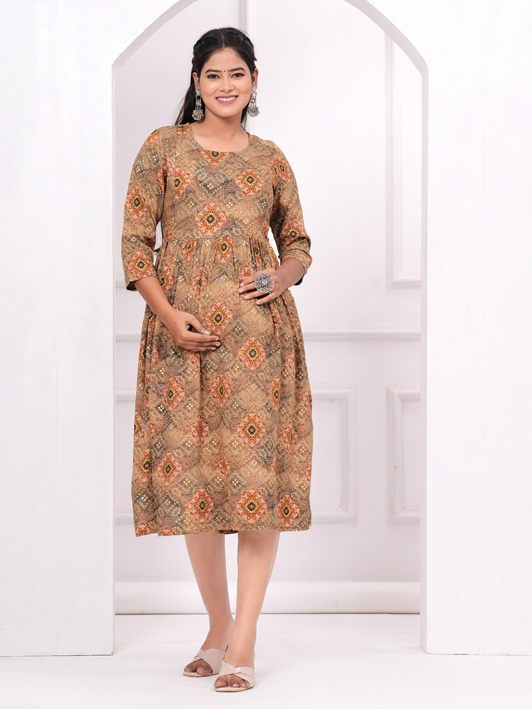 

BAESD Floral Printed A-Line Midi Maternity Ethnic Dresses, Beige