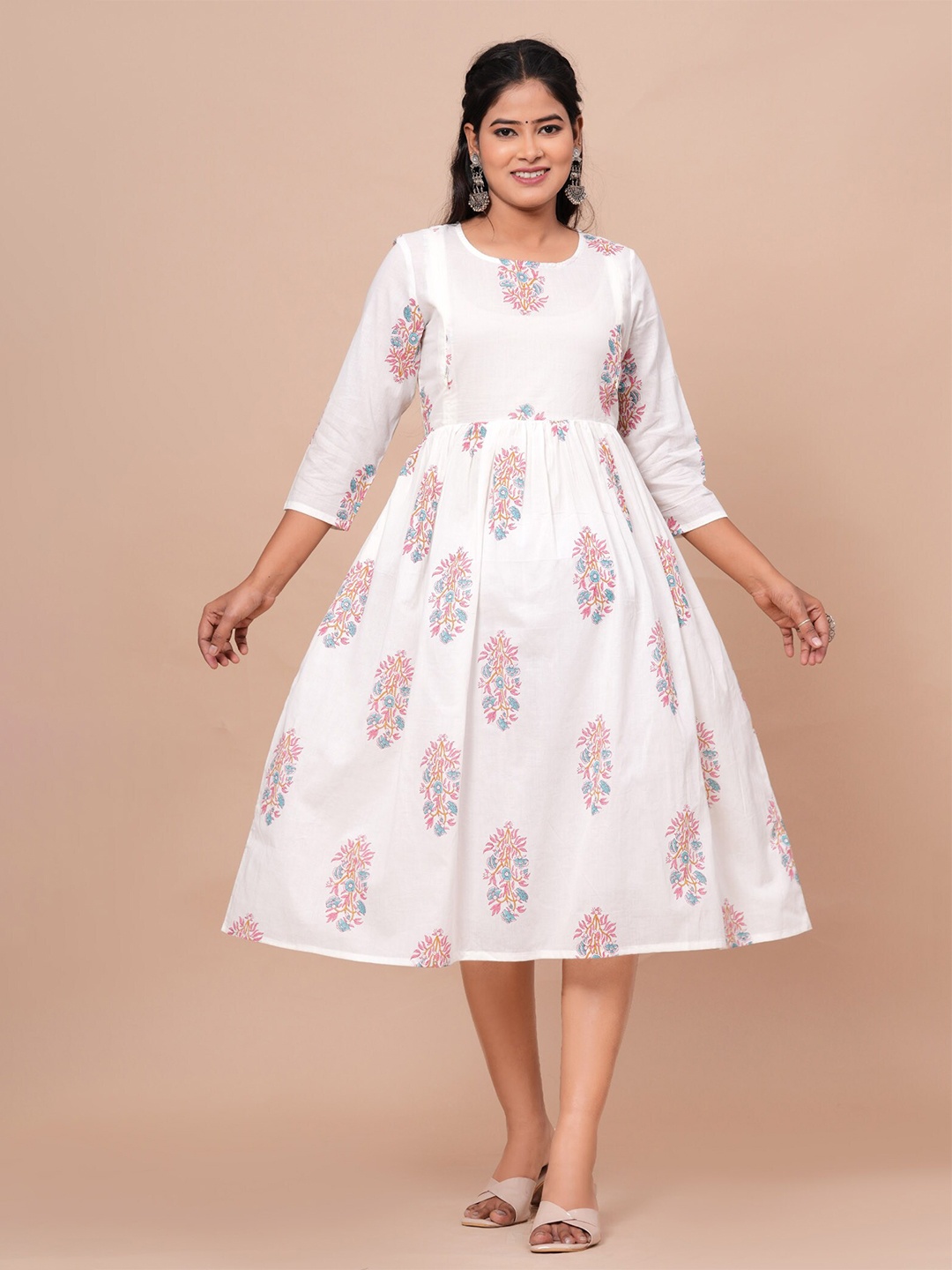 

BAESD Floral Printed A-Line Midi Maternity Ethnic Dresses, White