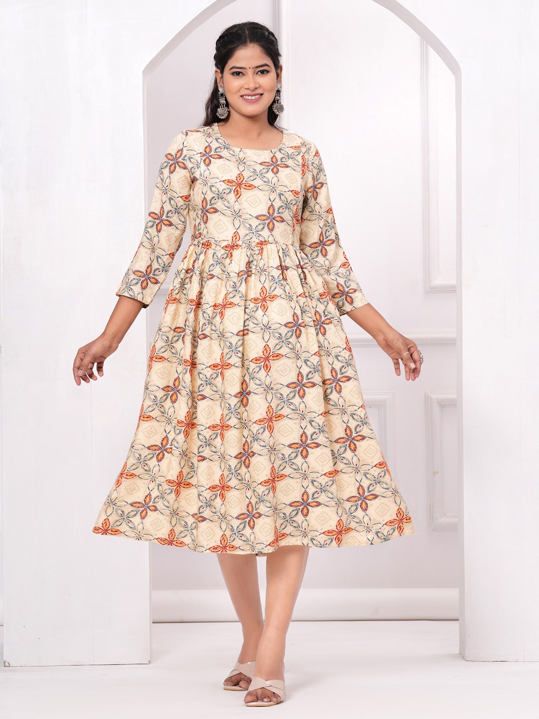 

BAESD Floral Printed Fit & Flare Maternity Ethnic Dress, Beige